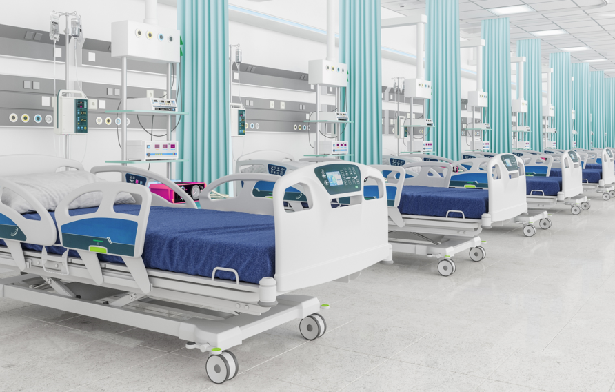 医院里一排排蓝色的病床